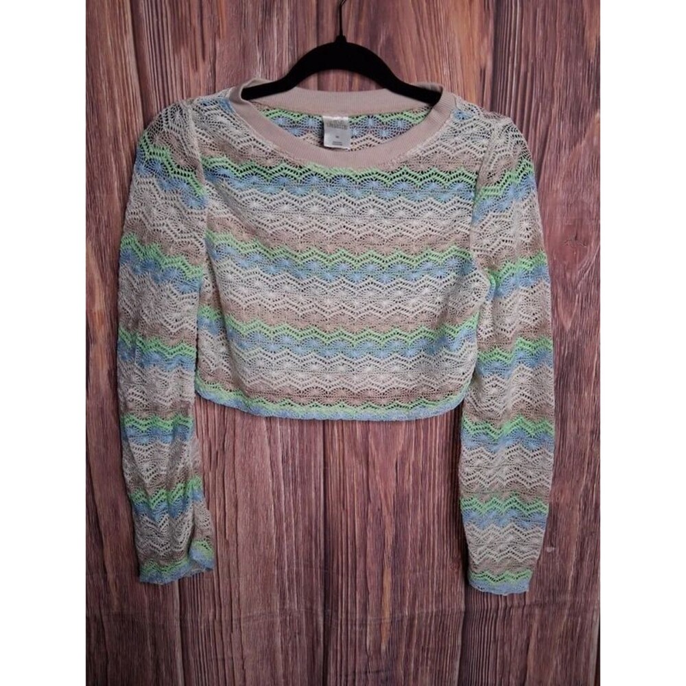 Wild Fable Pastel Striped Crochet Open Knit Long Sleeve Crop Top Size xsmall